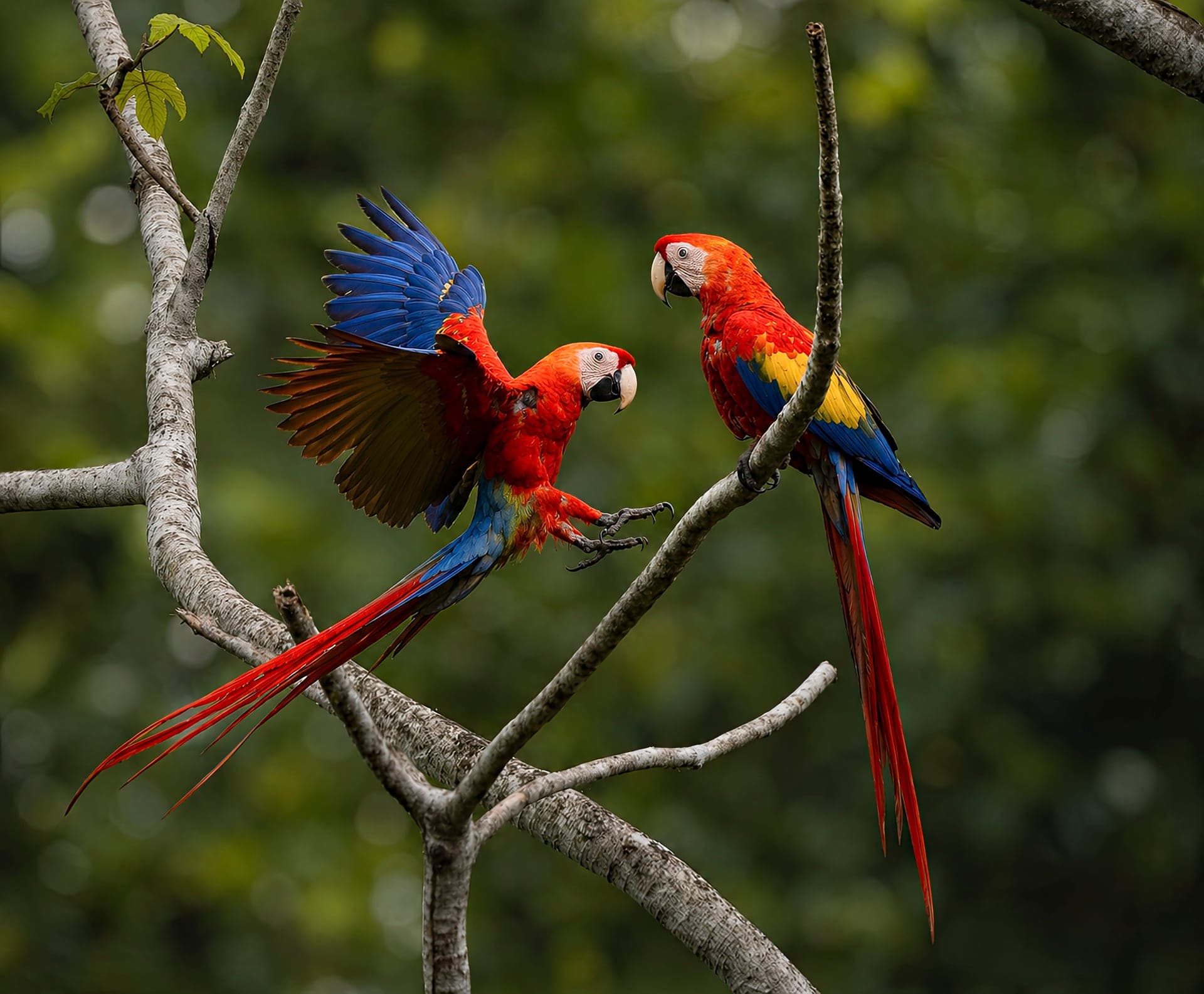 Scarlet macaws in rainforest canopy, osa peninsula, costa rica