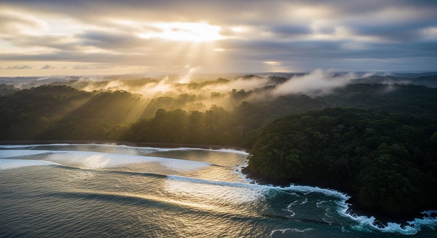 Aerial view of coastline and rainforest meeting the Pacific Ocean, osa peninsula