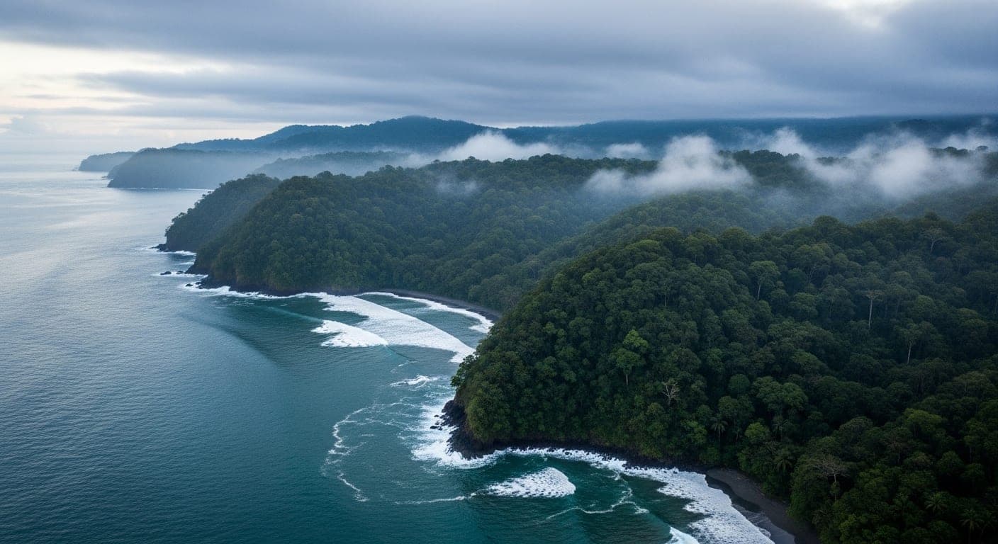 Aerial view of coastline and rainforest meeting the Pacific Ocean, osa peninsula