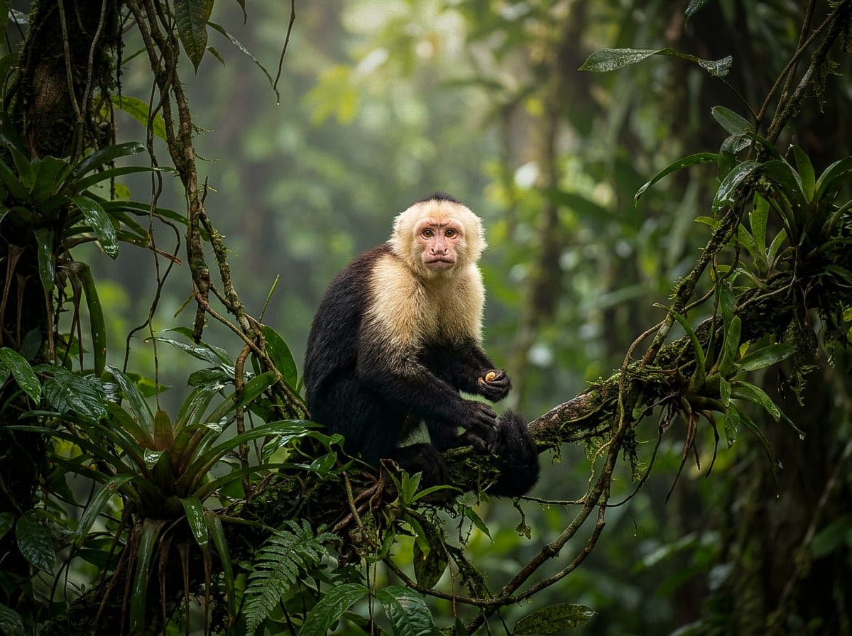 Baby capuchin monkey in tropical rainforest, osa peninsula, costa rica