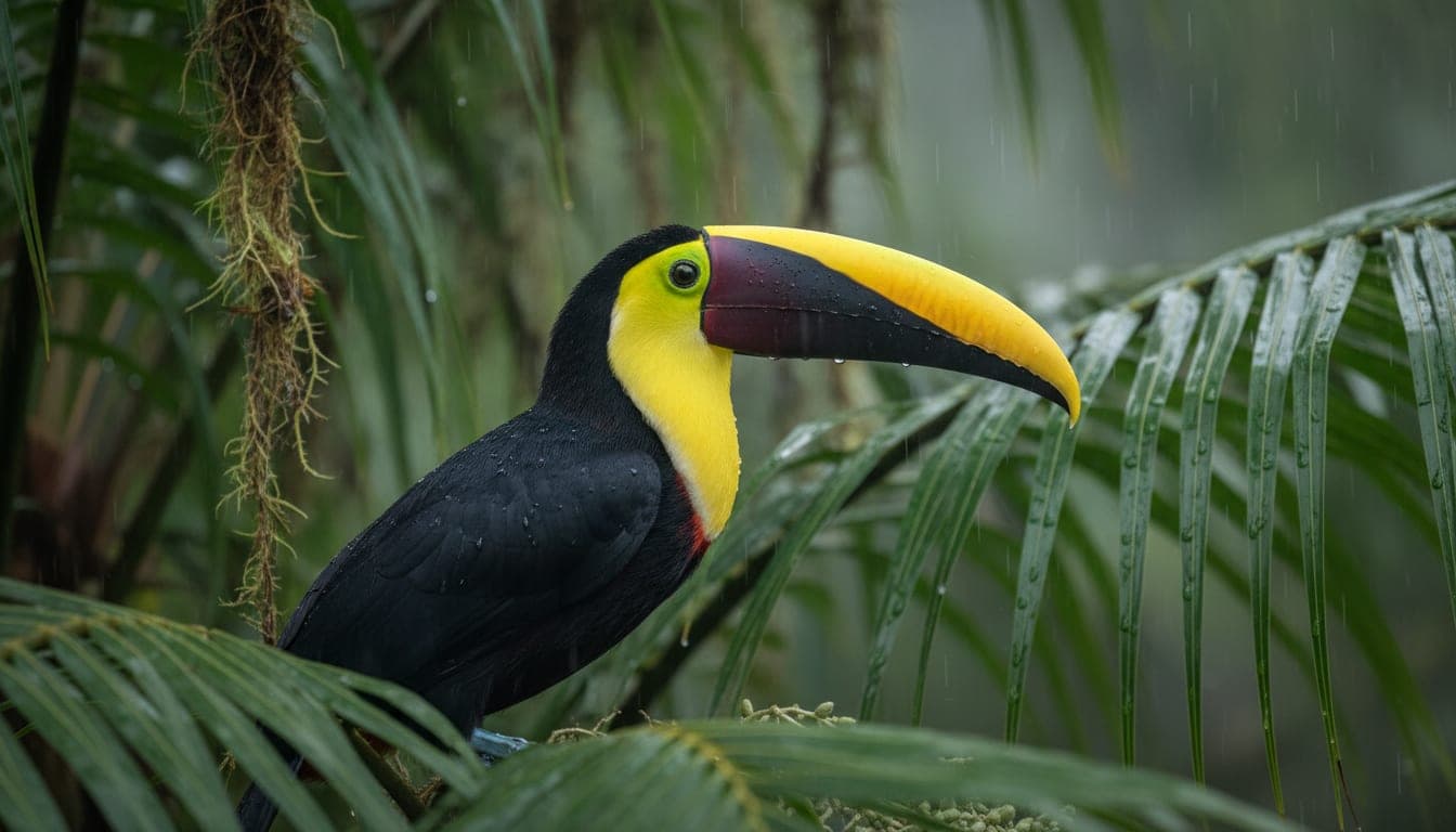 Yellow-throated toucan in rainforest canopy, osa peninsula, costa rica