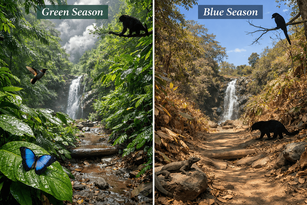() editorial photograph showing side-by-side seasonal comparison of the same Osa Peninsula rainforest trail location. Left