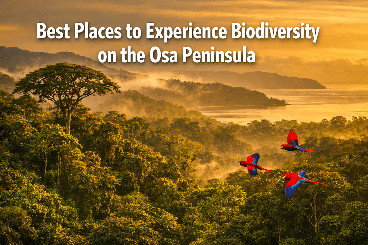 Professional () hero image featuring 'Best Places to Experience Biodiversity on the Osa Peninsula' in extra large white with