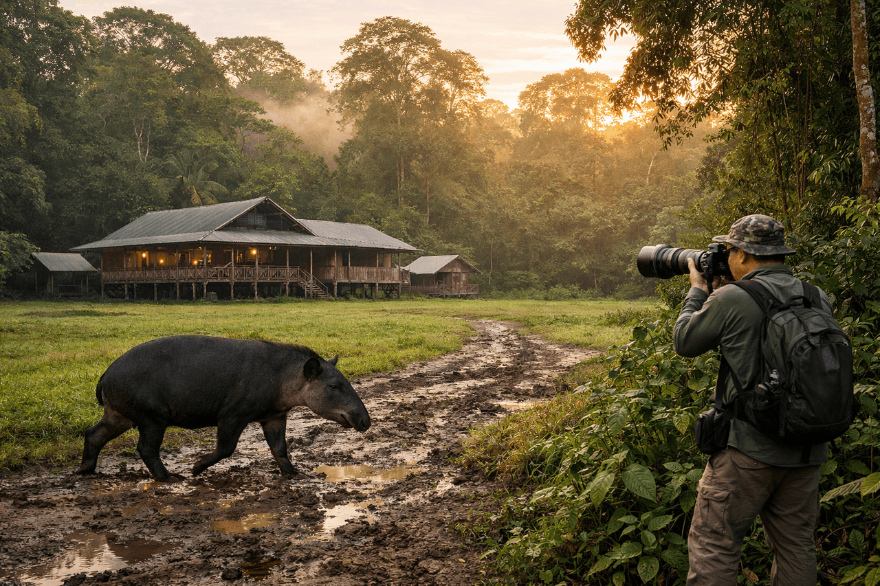 () editorial photograph of Corcovado National Park's Sirena Station clearing at dawn, showing wooden ranger station