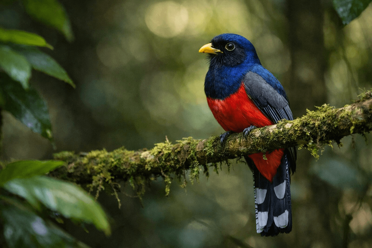 () editorial photograph showing a Baird's trogon perched on a moss-covered branch in Corcovado National Park understory,