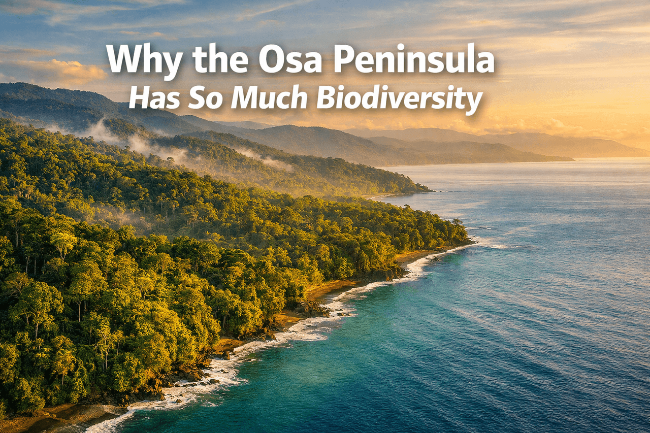 Professional () hero image featuring 'Why the Osa Peninsula Has So Much Biodiversity' in extra large white with dark ,