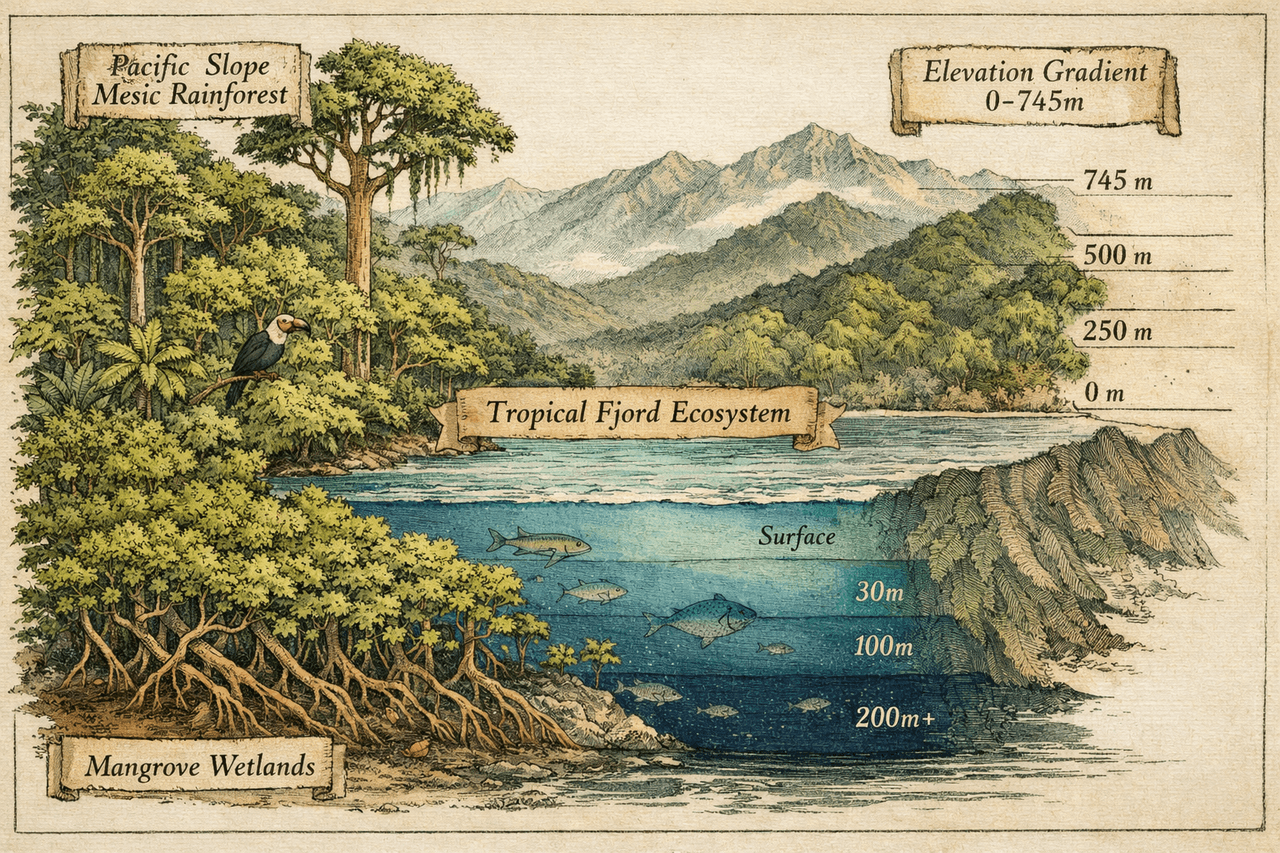 () detailed cross-section illustration showing the Osa Peninsula's unique geographic convergence: tropical lowland